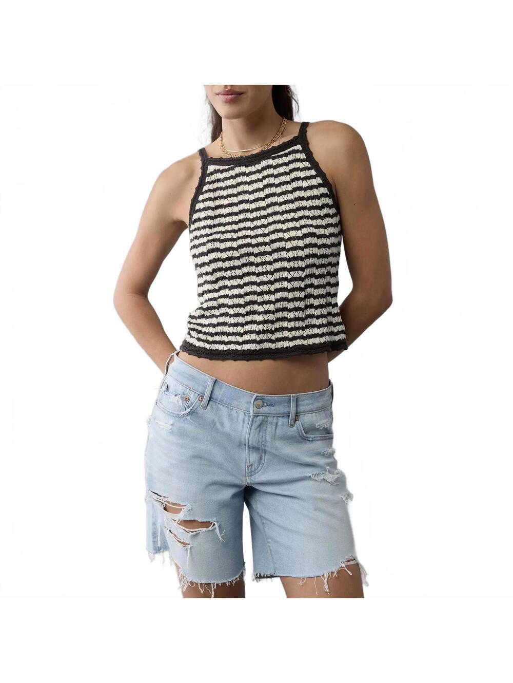 AE Cotton High Neck Crochet Tank Top American Eagle Black Cream Stripe NWT Small